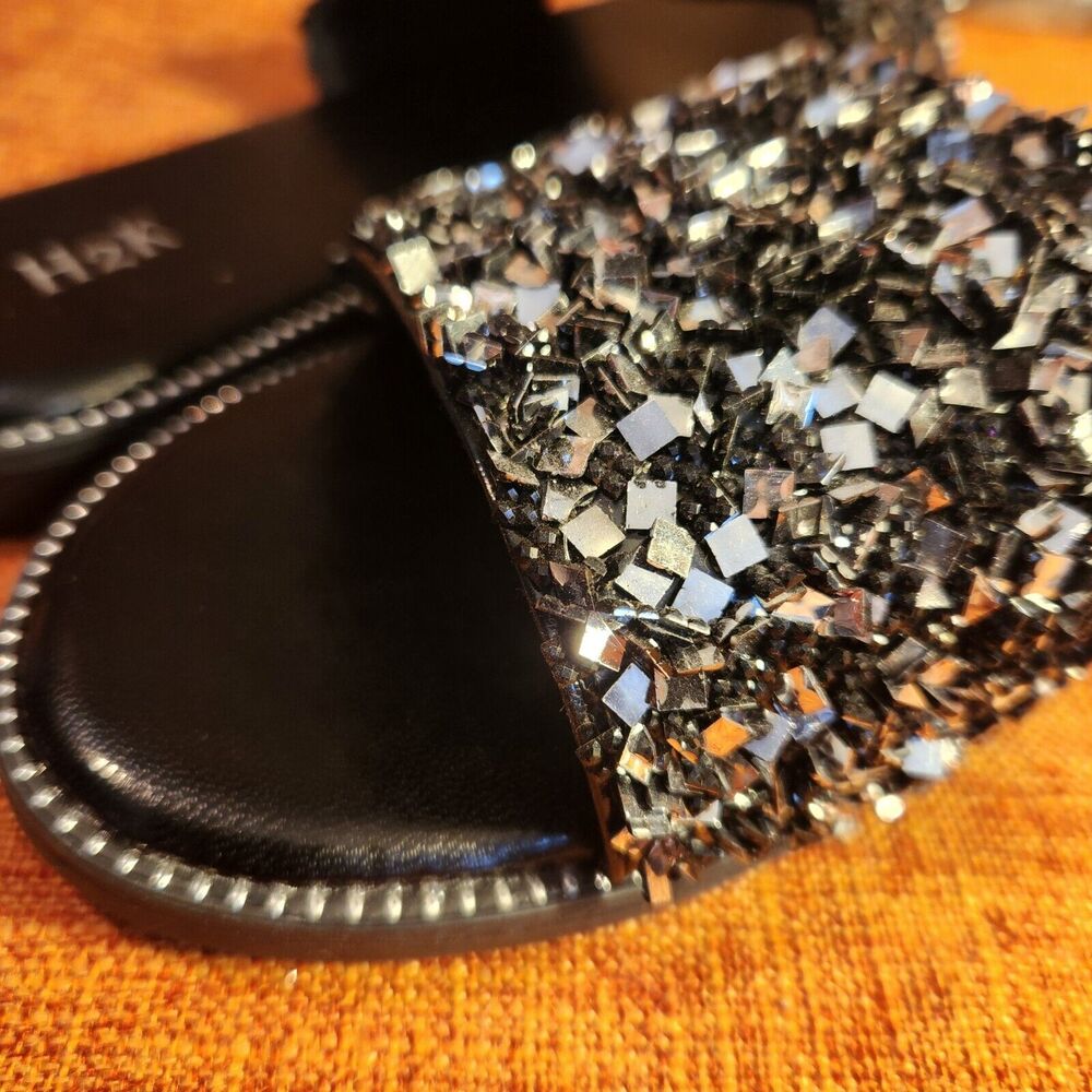H2K Womens Glitter Bling Fancy Slide Flat Low Wedge Sparkle Sandals Shoes Black - Picture 6 of 7